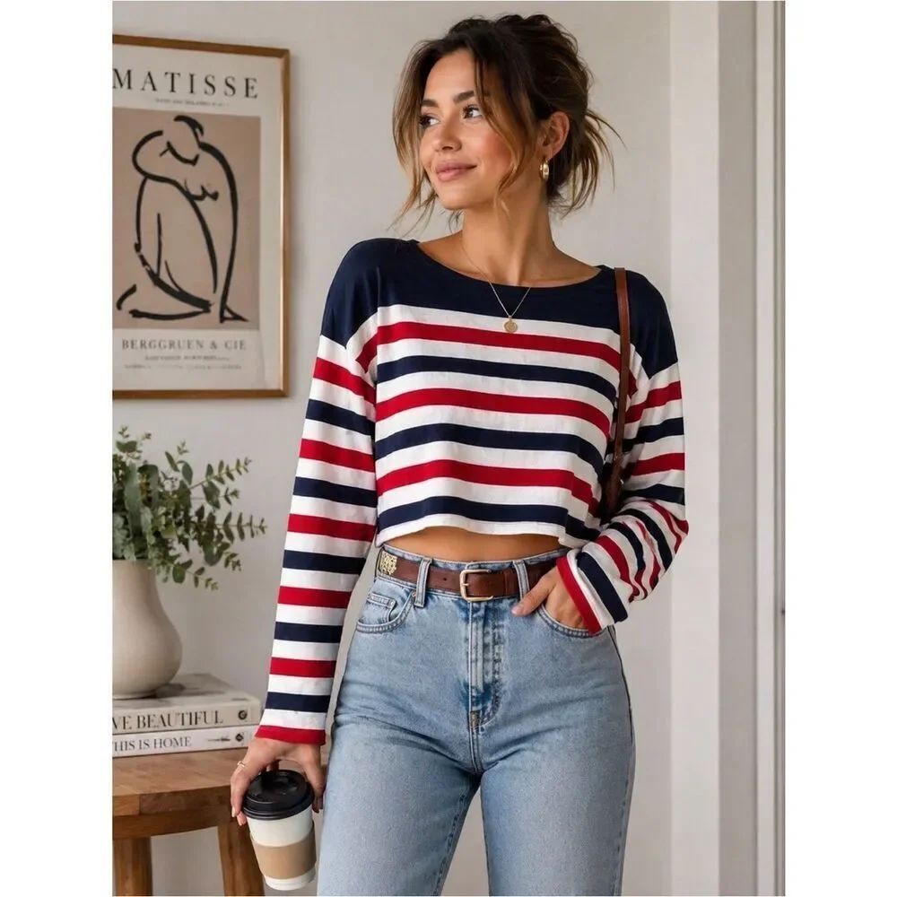 J. Crew Women’s Navy and Red Striped Cropped Long Sleeve Tee